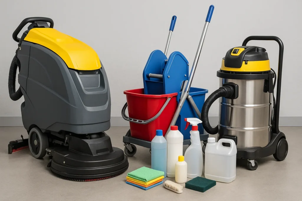 Maquinaria profesional de limpieza y utensilios utilizados por Limpiezas en General Madrid para servicios de limpieza profunda.