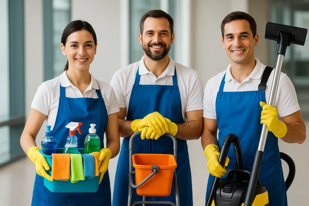 Equipo de limpieza profesional con uniformes y productos de limpieza