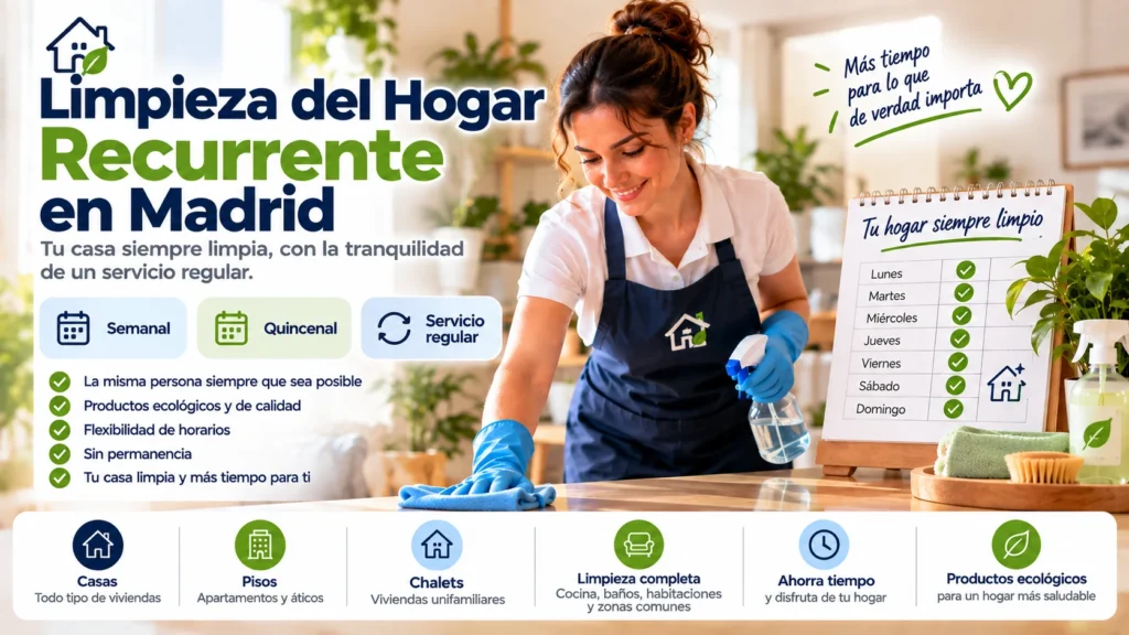 Profesional realizando un servicio de limpieza del hogar semanal y recurrente en Madrid
