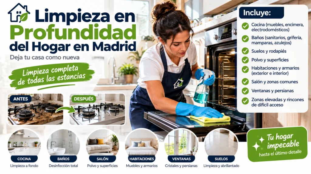 Profesional realizando una limpieza en profundidad del hogar en Madrid